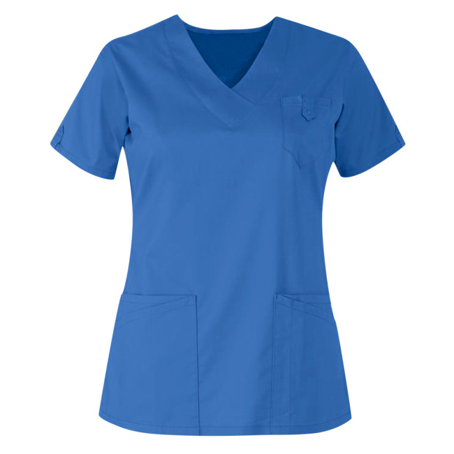 Blue Short Sleeve V Neck Nurse's Pocket Scrubs Top