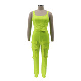 Green Leather Crop Tank and High Waist Pants with Pocket 2PCS Set