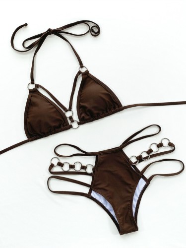 Brown Hollow Out O-Rings Cami Halter Bikini Two Piece Set