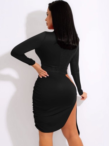 Black Sequins Cut Out Turtleneck Long Sleeve Ruched Irregular Mini Dress