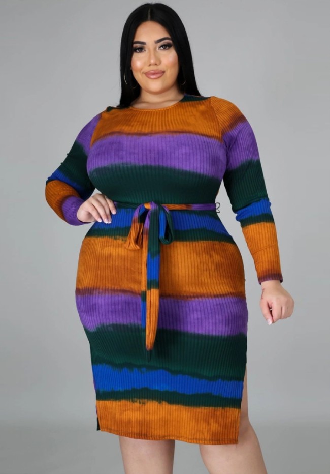 Plus Size Multicolor Side Slit O-Neck Long Sleeve Midi Dress with Belt
