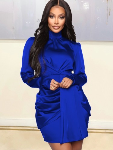Blue Silk High Neck Long Sleeve Ruched Shirring Mini Dress
