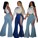 Lt-Blue Lace Up High Waist Trendy Flare Jeans