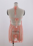 Pink Fishnet Halter Backless Sleeveless Mini Beach Dress