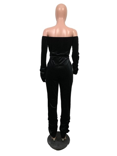 Black Velvet Off Shoulder Long Sleeve Stack Jumpsuit