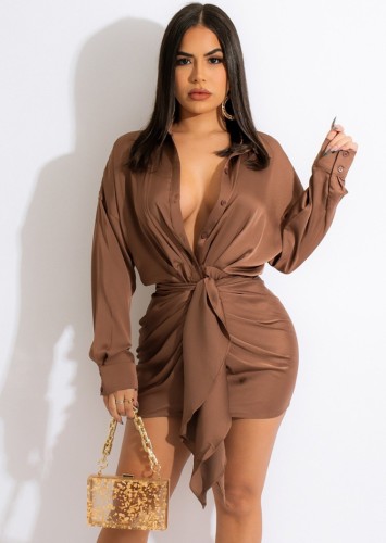 Brown Silk Turndown Collor Long Sleeve Mini Blouse Dress With Belt