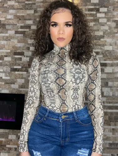 Print High Neck Long Sleeve Bodycon Bodysuit