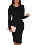 Black O-Neck Long Sleeve Tight Sheath Midi Dress