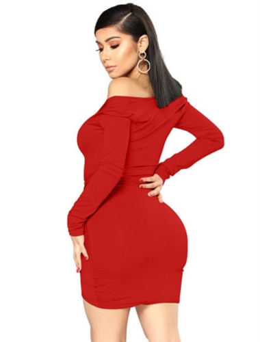 Red Off Shoulder Long Sleeve Drawstring Ruched Sheath Mini Dress