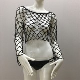Black Fishnet Long Sleeves O-Neck Top and Pants 2PCS Cover-Ups