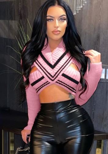 Pink Knitted Hollow Out V-Neck Long Sleeve Crop Top