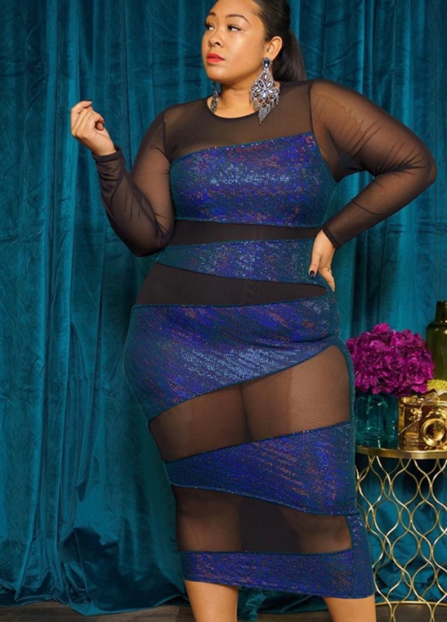 Plus Size Blue Patch Black Mesh O-Neck Long Sleeve Midi Dress