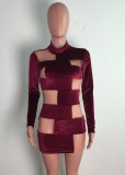 Red Velvet Mesh See Through Long Sleeve Slinky Mini Dress