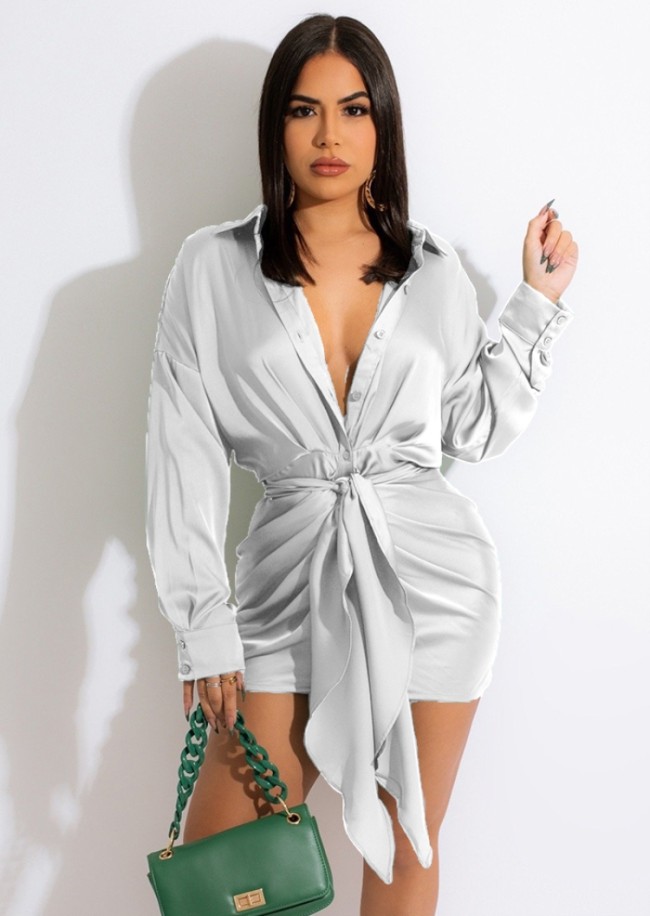 White Silk Turndown Collor Long Sleeve Mini Blouse Dress With Belt