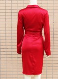 Red Silk Button Open Long Sleeves Mini Dress with Belt