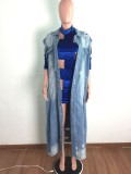 Blue Button Up Sleeveless Distressed Long Jeans Coat