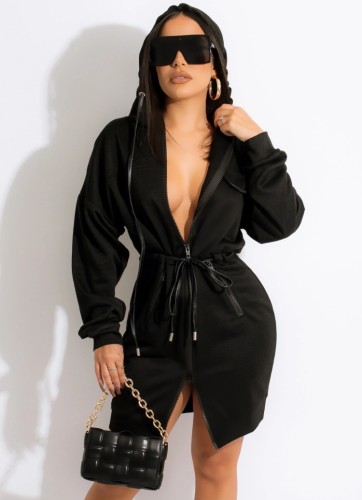 Plus Size Black Zipper Long Sleeves Drawstring Hoody Dress