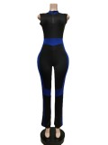Blue Patch Black Turtleneck Sleeveless Zipper Up Bodycon Jumpsuit