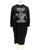 Plus Size Black Letter Pring Long Sleeve Slit Midi Hoody Dress