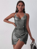 Shiny Silver Sequins Halter Neck Sleeveless Slit Mini Dress