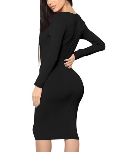 Black O-Neck Long Sleeve Tight Sheath Midi Dress