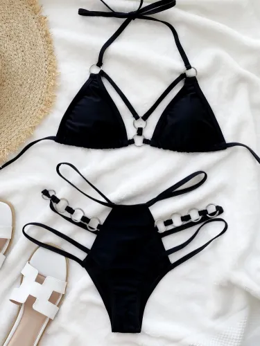 Black Hollow Out O-Rings Cami Halter Bikini Two Piece Set