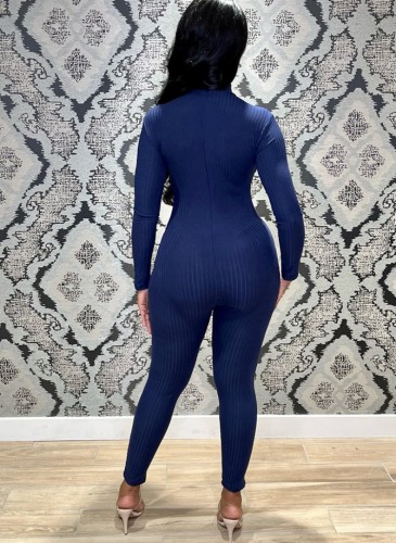 Blue Round Neck Long Sleeve Bodycon Jumpsuit