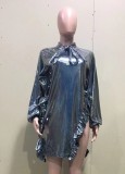 Silver Knotted Long Sleeve Ruffle Irregular Mini Dress