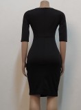 Black O-Neck Half Sleeve Ruffled Sheath Midi Office Dress