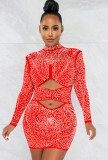 Red Beaded Cut Out Turtleneck Long Sleeve Mini Dress