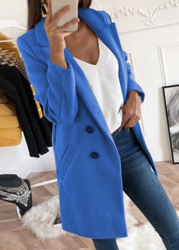 Blue Turndown Collar Long Sleeves Long Blazer with Pocket