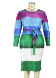 Plus Size Multicolor Side Slit O-Neck Long Sleeve Midi Dress with Belt