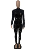 Black Hollow Out Turtleneck Long Sleeve Top and Tight Pants 2PCS Set