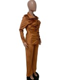 Brown Velvet Button Up Long Sleeve Ruched Blouse and Loose Pants 2PCS Sets