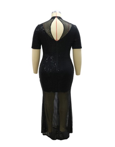 Black Sequins Scoop Neck Short Sleeve Tight Maxi Dress
