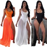 White Backless High Cut Tank Bodysuit and Long Mesh Cover Up 2PCS Set