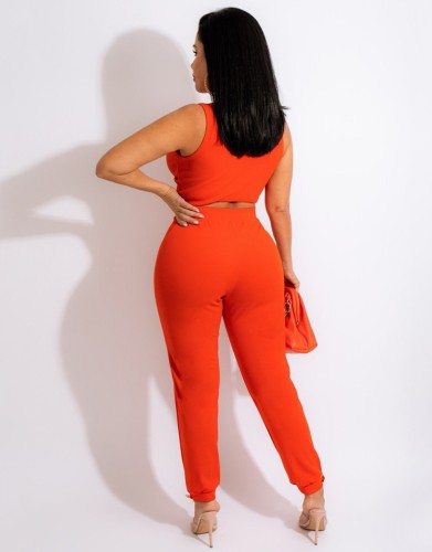 Orange Sleeveless Crop Top And High Waist Pants 2PCS Sets