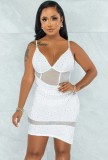 White Beaded Mesh Patched Cami Mini Dress