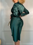 Green Silk Button Open Long Sleeves Mini Dress with Belt