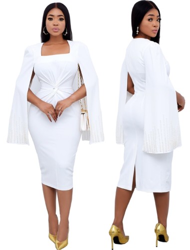 White Beaded Twist Long Sleeves Midi Dress