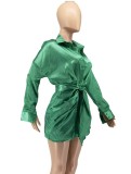 Green Silk Turndown Collor Long Sleeve Mini Blouse Dress With Belt
