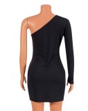 Black One Shoulder Single Long Sleeve Zipper Slim Mini Dress