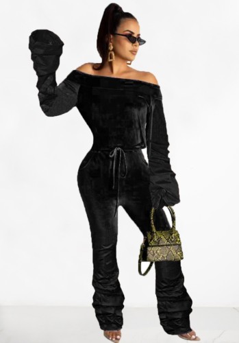 Black Velvet Off Shoulder Long Sleeve Stack Jumpsuit