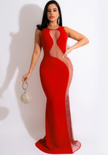 Red Beaded O-Neck Sleeveless Backless Mermaid Maxi Dress