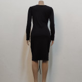 Black Off Shoulder Long Sleeve Drawstring Ruched Sheath Mini Dress