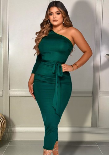 Green One Shoulder Single Sleeve Long Dress with Belt