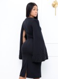 Black Beaded Twist Long Sleeves Midi Dress