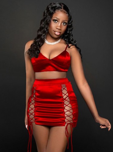 Red Silk Cami Crop Top and Lace Up High Waist Mini Skirt 2PCS Set