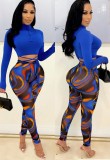 Blue Turtleneck Long Sleeve Fitted Crop Top and Print Leggings 2PCS Set