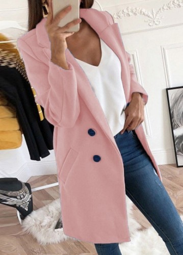 Pink Turndown Collar Long Sleeves Long Blazer with Pocket